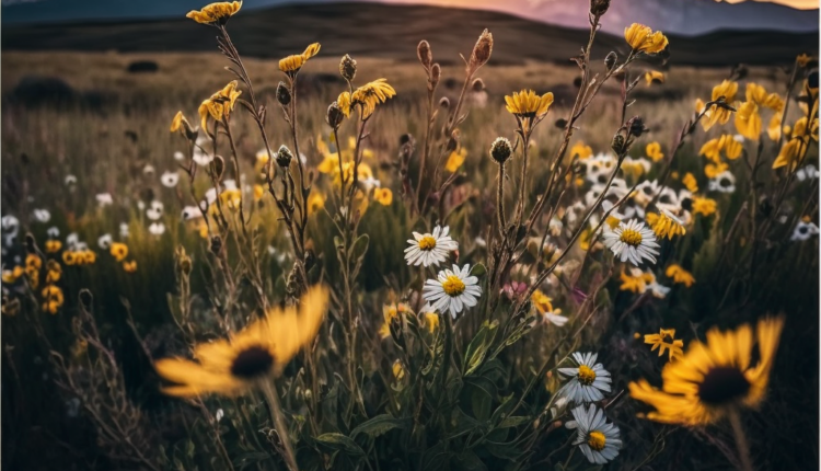 A photograph of a field of wildflowers