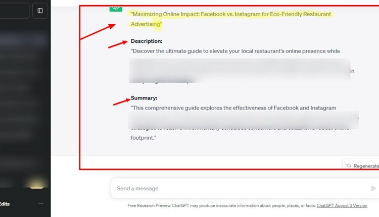 Maximizing Online Impact: Facebook vs. Instagram for Eco-Friendly Restaurant Advertising ChatGPT prompt preview output