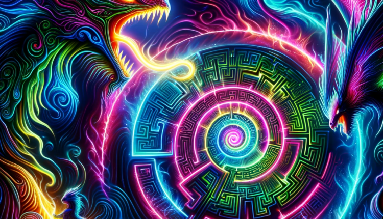 DALL·E 2024 01 12 15.27.43 A deeply hypnotic and phantasmagoric abstract image with neon colors and electric luminescent style featuring a Glowing Labyrinth and phantasmagoric | Promptrr.io