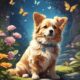 A Cute Dog Sitting Down In A Garden Playing with Butterflies, prompt Leonardo AI