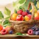 “Whimsical Watercolor Fruit Cliparts: Vibrant Fruits Overflowing From Woven Basket” | Leonardo AI Prompt