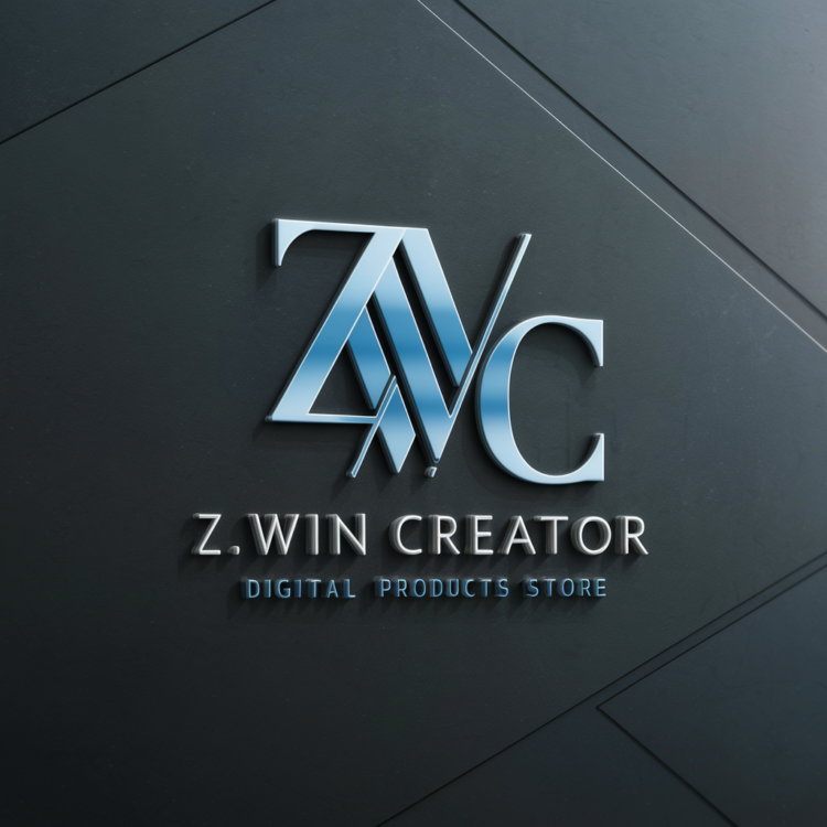 [Design Style] Lettermark [Business] Digital products store ['Brand Name'] Z.Win Creator [Description] Design a sophisticated lettermark logo where the initials "ZWC" are elegantly intertwined or stacked in a modern font. The design should exude professionalism and trustworthiness. [Color and Symbols] Opt for a combination of blue and black tones to convey reliability and authority. Keep the design clean and minimalist to ensure visual impact., 3d render, typography