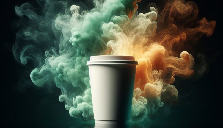 White blank coffee cup mockup product with black background and smoke behind