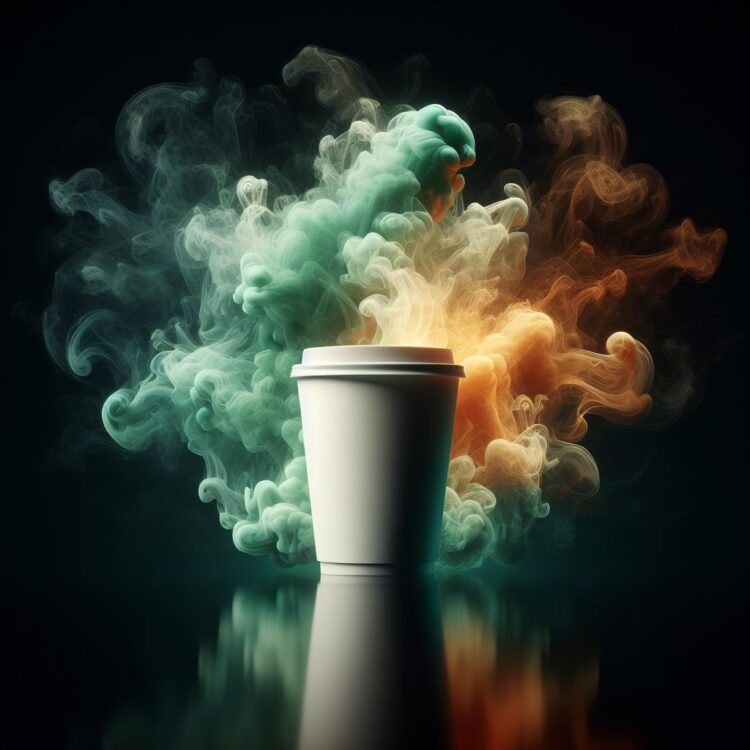 White blank coffee cup mockup product with black background and smoke behind