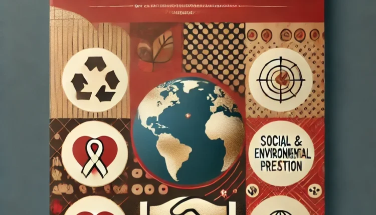 The design features social and environmental icons such as a globe, a heart, and hands shaking, all in a red and gold color scheme. The title is displayed in a playful font, with a clean and modern background that includes subtle patterns related to social causes and environmental protection.