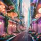 A vibrant Solarpunk cityscape painting in digital medium, depicting a modern metropolitan street view