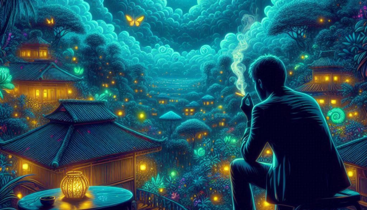 A man sitting on a terrace, smoking, and gazing at a moonlit, rainy night. He is surrounded by glowing plants and insects, with small buildings visible in the distance under a cloudy sky.