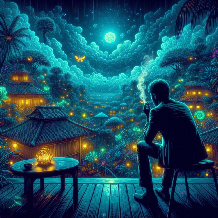 A man sitting on a terrace, smoking, and gazing at a moonlit, rainy night. He is surrounded by glowing plants and insects, with small buildings visible in the distance under a cloudy sky.