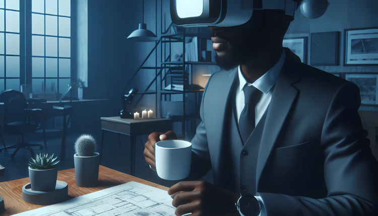 "A man in a suit using a VR headset while holding a cup of coffee and sitting at a desk with architectural blueprints in a dimly lit office."