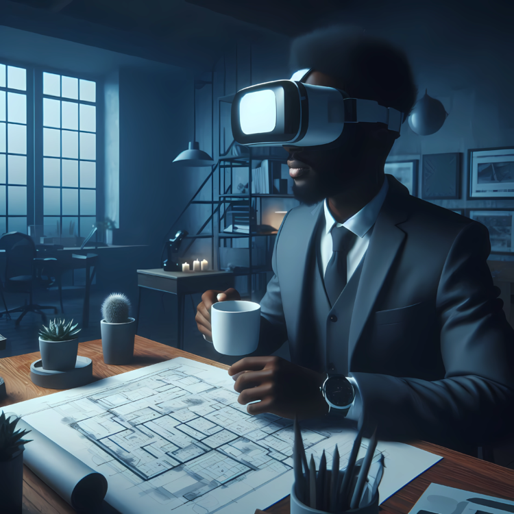 "A man in a suit using a VR headset while holding a cup of coffee and sitting at a desk with architectural blueprints in a dimly lit office."