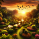 Lush green garden view at sunset time | DALL-E Prompts