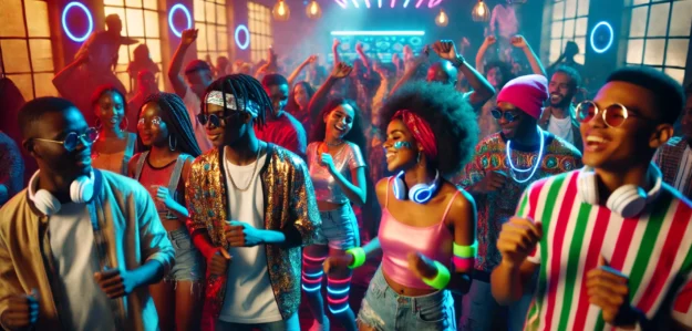 cropped DALL·E 2024 07 21 18.36.24 A vibrant music video scene featuring a diverse group of African people dancing and having fun. The setting is an energetic club with colorful lights | Promptrr.io