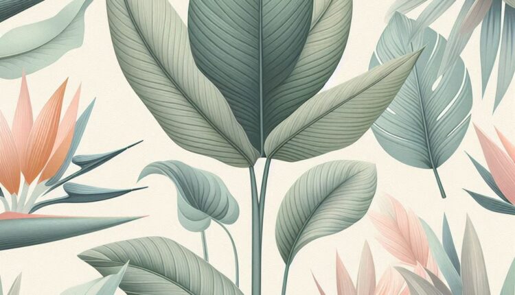 Design a seamless pattern that evokes a serene tropical atmosphere with large, soft tropical leaves like banana leaves, bird of paradise, and philodendron. Use a pastel color palette with muted greens, soft pinks, and pale blues. The leaves should be gently curved and spaced out to give a light, airy feeling. Include subtle textures on the leaves to add depth, and use a light cream or off-white background to enhance the serene vibe.