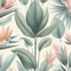 Design a seamless pattern that evokes a serene tropical atmosphere with large, soft tropical leaves like banana leaves, bird of paradise, and philodendron. Use a pastel color palette with muted greens, soft pinks, and pale blues. The leaves should be gently curved and spaced out to give a light, airy feeling. Include subtle textures on the leaves to add depth, and use a light cream or off-white background to enhance the serene vibe.