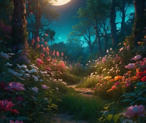 "Imagine a mystical forest, filled with vibrant flowers and lush greenery, all illuminated by the soft glow of the moon. The anime-style rendering will bring this magical world to life, with intricate details and stunning colors."