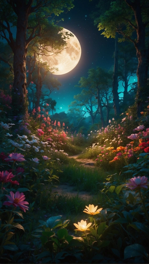 "Imagine a mystical forest, filled with vibrant flowers and lush greenery, all illuminated by the soft glow of the moon. The anime-style rendering will bring this magical world to life, with intricate details and stunning colors."