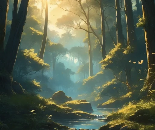 Viral anime nature wallpaper in 4K quality, in the style of digital illustration inspired by Hayao Miyazaki, featuring a serene forest with towering ancient trees, dappled sunlight filtering through the leaves, a gentle stream flowing through the scene, and mystical creatures peeking from behind the foliage; vibrant and warm color temperature, cosmos lighting with stars twinkling in the sky, no human characters, the atmosphere is tranquil and enchanting --v 5 --stylize 1000