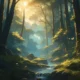 Viral anime nature wallpaper in 4K quality, in the style of digital illustration inspired by Hayao Miyazaki, featuring a serene forest with towering ancient trees, dappled sunlight filtering through the leaves, a gentle stream flowing through the scene, and mystical creatures peeking from behind the foliage; vibrant and warm color temperature, cosmos lighting with stars twinkling in the sky, no human characters, the atmosphere is tranquil and enchanting –v 5 –stylize 1000