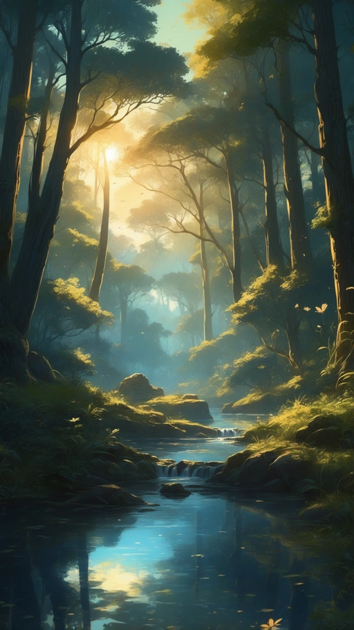 Viral anime nature wallpaper in 4K quality, in the style of digital illustration inspired by Hayao Miyazaki, featuring a serene forest with towering ancient trees, dappled sunlight filtering through the leaves, a gentle stream flowing through the scene, and mystical creatures peeking from behind the foliage; vibrant and warm color temperature, cosmos lighting with stars twinkling in the sky, no human characters, the atmosphere is tranquil and enchanting --v 5 --stylize 1000