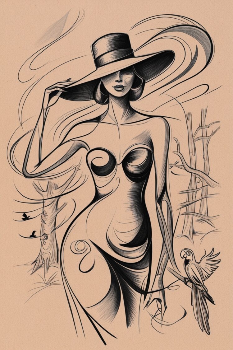 create an abstract sketch on the theme of a beautiful woman holding a hat using dynamic lines and fluid shapes to capture the movement of the body holding the hat. Use a limited color palette or monochrome to keep it minimalist. Include subtle stylized winds, swaying wood, and a parrot. create it with thick lines and shading to add depth, while maintaining an expressive and free-flowing composition that gives a sense of mystery behind the woman.