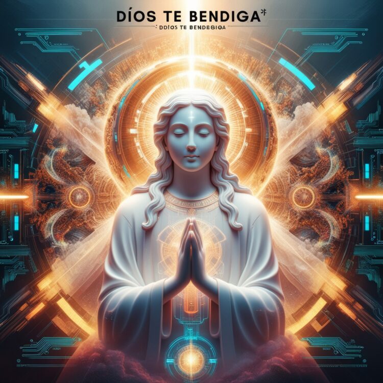 Create a stunning digital illustration that blends traditional spirituality with modern, futuristic digital elements. The central theme is inspired by the phrase 'Dios Te Bendiga' (God Bless You), interpreted in a way that resonates with contemporary digital-art aesthetics. The composition should feature a divine figure or symbol, bathed in ethereal light, surrounded by intricate, abstract patterns of vibrant colors and geometric shapes that symbolize the fusion of spirituality and technology. The image should evoke feelings of serenity and blessing while also incorporating a futuristic, cybernetic feel—such as glowing neon circuits, holographic symbols, and translucent layers. Think of a celestial scene with a surreal twist, where digital textures blend seamlessly with organic, fluid forms. The overall mood should feel hopeful, uplifting, and otherworldly, with an emphasis on detailed textures, glowing effects, and a harmonious color palette that balances warm, golden light with cool, high-tech tones. This piece should captivate the viewer emotionally and intellectually, bridging the gap between ancient spiritual concepts and the digital, interconnected world of today. Include fine artistic elements like subtle glowing halos, pixelated particles, or soft beams of light as accents to enrich the visual depth."