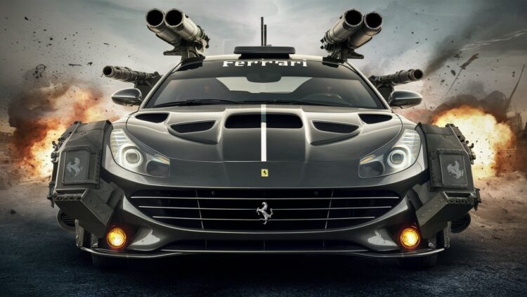 A sleek Ferrari, transformed into a combat vehicle, equipped with heavy machine guns mounted on the hood, rocket launchers on the sides, and reinforced armor plating. The Ferrari logo is prominently displayed on the front grille. The background is a futuristic battlefield with explosions and flying debris