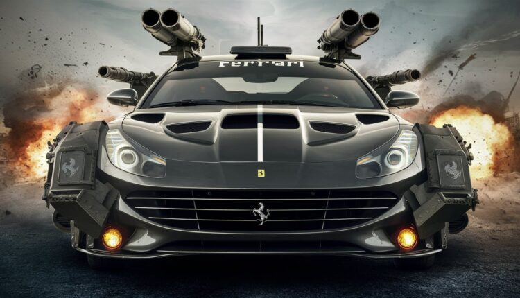 A sleek Ferrari, transformed into a combat vehicle, equipped with heavy machine guns mounted on the hood, rocket launchers on the sides, and reinforced armor plating. The Ferrari logo is prominently displayed on the front grille. The background is a futuristic battlefield with explosions and flying debris