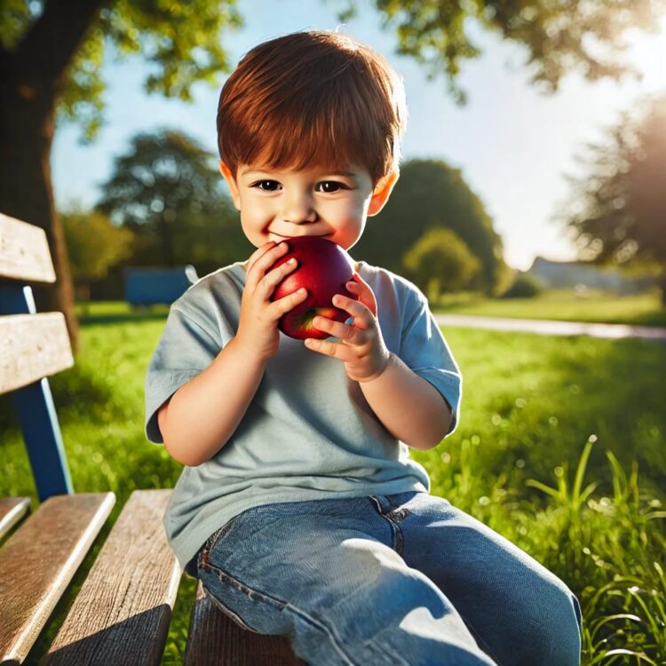 The boy eating an apple