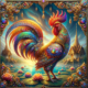 A mythical rooster standing proudly, its body covered in shimmering