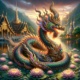 Thai dragon (‘Naga’) coiled gracefully in a lotus-filled pond | DALL-E Prompts