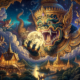 Traditional Thai mural art, featuring the mythical Rahu figure swallowing the moon | DALL-E Prompts