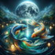 Two koi fish swimming in a magical, moonlit pond