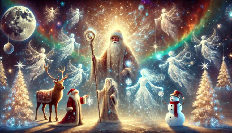 The prompt provides ample room for personalization: Character Interpretation: Adjust the appearances and roles of Christmas figures to match your creative vision—perhaps depicting elves as guardian spirits or reindeer as astral guides. Color Schemes: Experiment with glowing hues like silvery-blue, emerald green, or soft golden to evoke different moods. Background Elements: Enhance the cosmic setting with floating crystals, sacred symbols, or a spiral of galaxies for added depth and intrigue. Artistic Style: Whether aiming for a realistic depiction or a more abstract representation, the prompt supports various artistic directions. Emotional and Aesthetic Appeal: The scene is designed to evoke feelings of: Serenity: Through the tranquil cosmic environment and gentle glow of the characters. Spirituality: By integrating symbols of wisdom, purity, and guidance within the Christmas theme. Wonder: Capturing the magic of the holiday season in an enchanted dimension beyond the ordinary. This prompt encourages you to explore the intersection of tradition and imagination, creating artwork that resonates with both the festive spirit and a sense of universal connectedness.