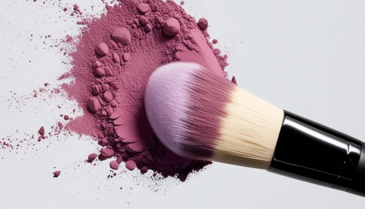 Photorealistic makeup brush dispersing pink and purple powder in motion, featuring detailed bristles and powder texture on a white background, perfect for beauty branding and AI-generated visuals.