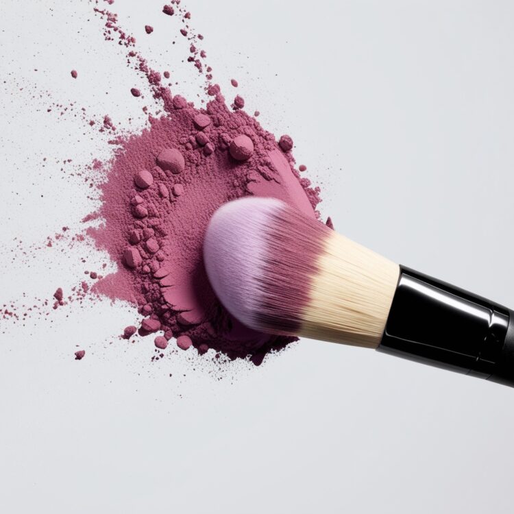 Photorealistic makeup brush dispersing pink and purple powder in motion, featuring detailed bristles and powder texture on a white background, perfect for beauty branding and AI-generated visuals.