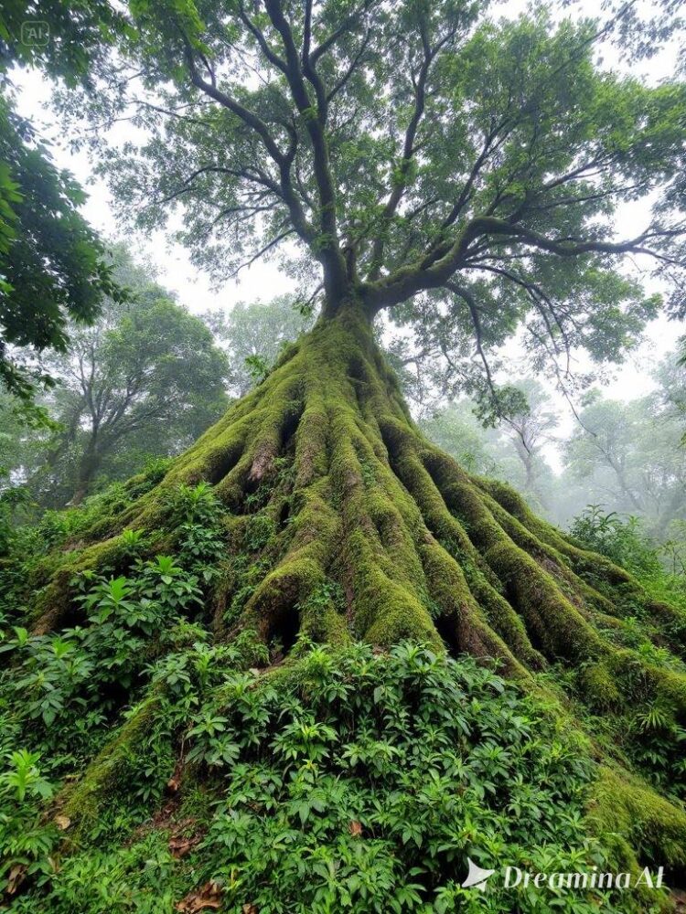 Gambarkan sebuah hutan magis yang dipenuhi pohon-pohon bercahaya dengan warna biru dan ungu