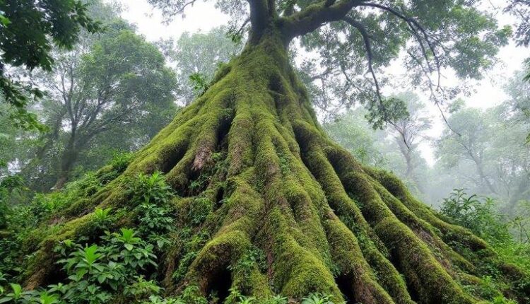 Gambarkan sebuah hutan magis yang dipenuhi pohon-pohon bercahaya dengan warna biru dan ungu