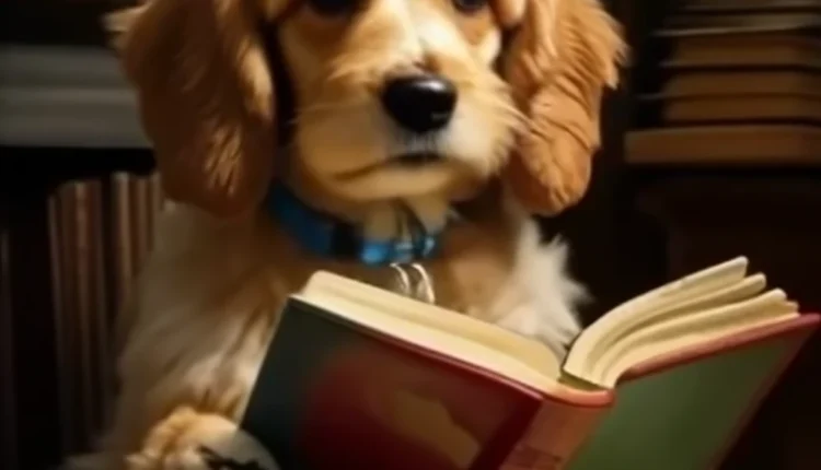 Photo of a fluffy golden retriever puppy sitting in a library, wearing a blue collar, holding a large open book with its paws, reading intently, surrounded by stacks of books and a small table with a cup, warm and cozy lighting, shallow depth of field, jpeg artifacts