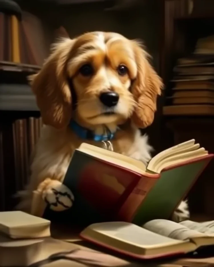 Photo of a fluffy golden retriever puppy sitting in a library, wearing a blue collar, holding a large open book with its paws, reading intently, surrounded by stacks of books and a small table with a cup, warm and cozy lighting, shallow depth of field, jpeg artifacts