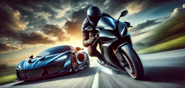 cropped DALL·E 2024 12 21 23.51.00 An action packed race scene featuring a sleek sports car and a powerful 125cc motorcycle in a head to head competition on a straight road. The car is 1 1 | Promptrr.io