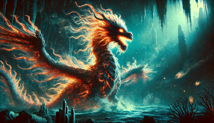 A glowing, fiery dragon in a mysterious underwater cave, surrounded by aquatic plants and ethereal light beams.