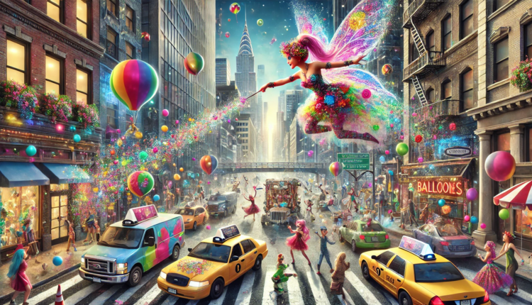 A whimsical fairy casting vibrant colors over a bustling city street filled with balloons, dancers, and colorful taxis.