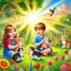 Children and kittens in nature