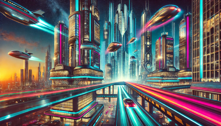 Futuristic city with colorful neon lights and dynamic architecture, filled with vibrant energy.