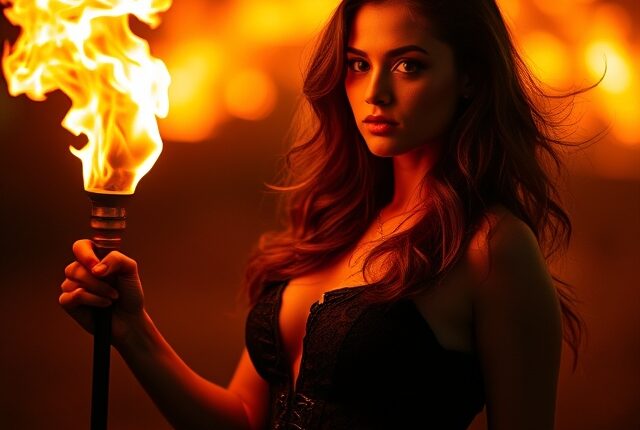 A hot lady with fire flame.