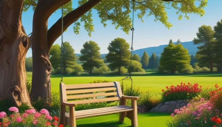 A beautiful garden filled with colorful flowers, lush green grass, and a bright, clear blue sky, creating a serene and vibrant atmosphere.