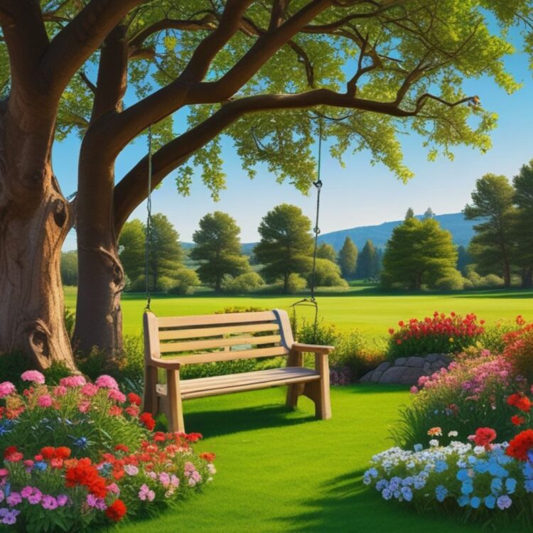 A beautiful garden filled with colorful flowers, lush green grass, and a bright, clear blue sky, creating a serene and vibrant atmosphere.