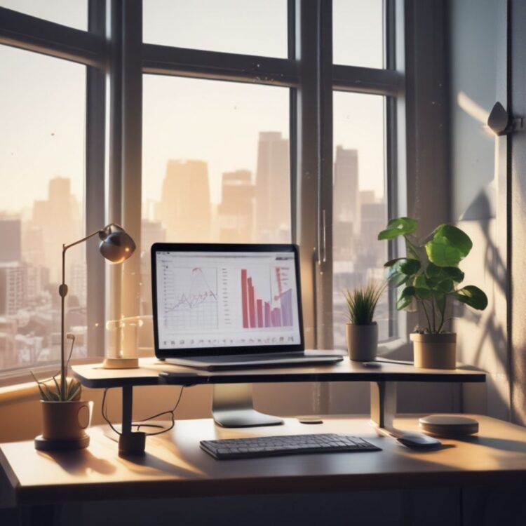 A peaceful home office with a sleek desk and a laptop displaying analytics, positioned by a large window. Sunlight streams in, creating a bright and calming atmosphere perfect for productivity and focus