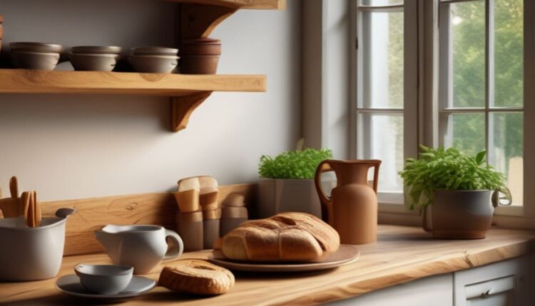 Cozy rustic kitchen with wooden countertops, fresh-baked bread, a steaming cup of tea, and soft sunlight creating a warm and inviting atmosphere.