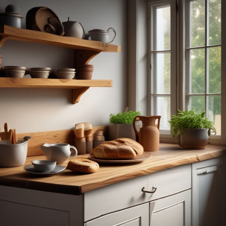 Cozy rustic kitchen with wooden countertops, fresh-baked bread, a steaming cup of tea, and soft sunlight creating a warm and inviting atmosphere.